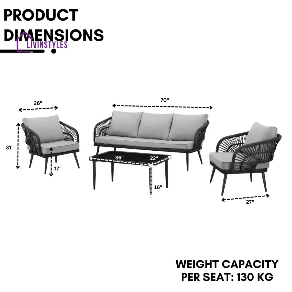 Oceana Outdoor Rope Conversation Patio Sofa Set (Black /Light Grey) - Sofa Set