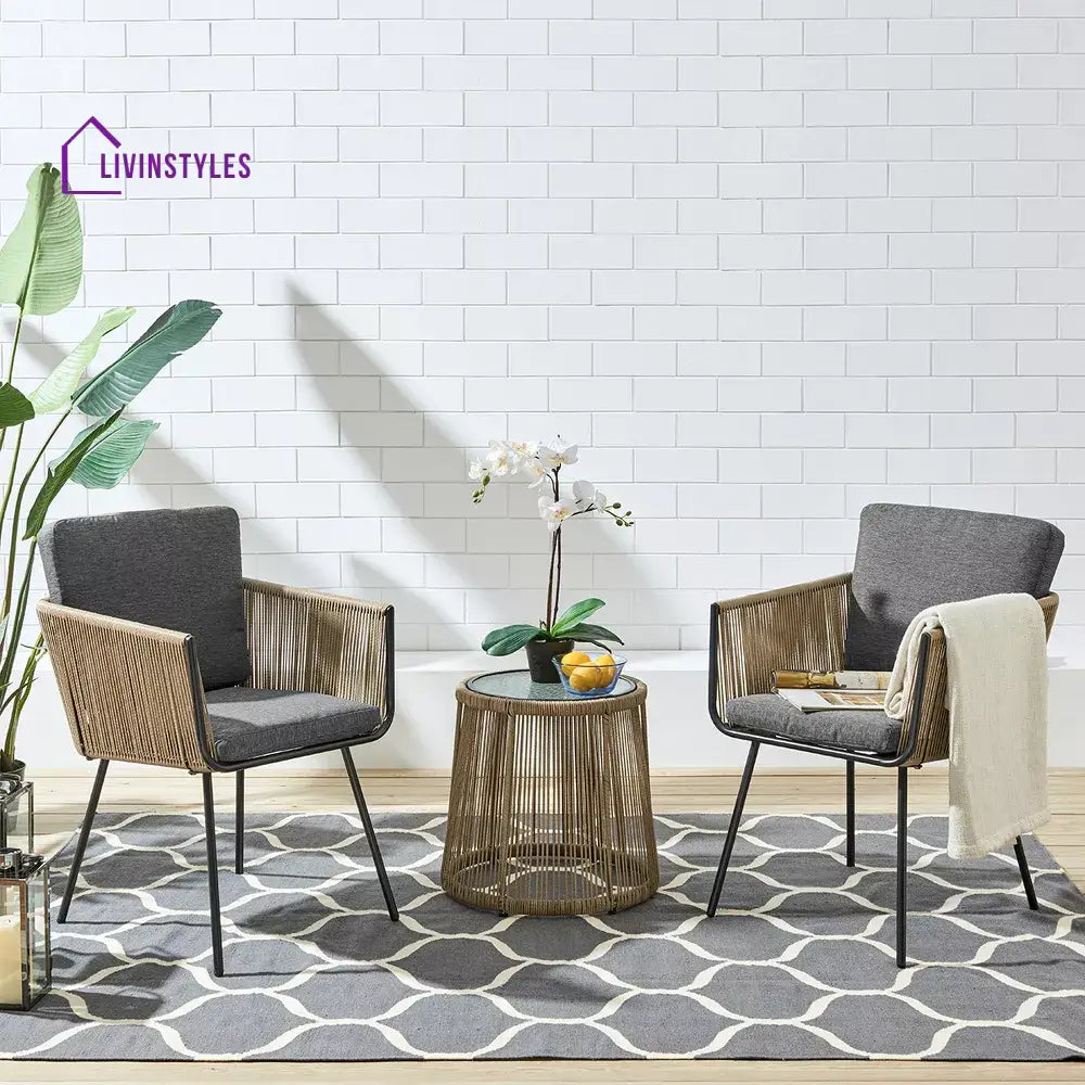 Odila Outdoor Patio Seating Set 2 Chairs and 1 Table Set (GREY + BROWN) Braided & Rope - Coffee Table Sets