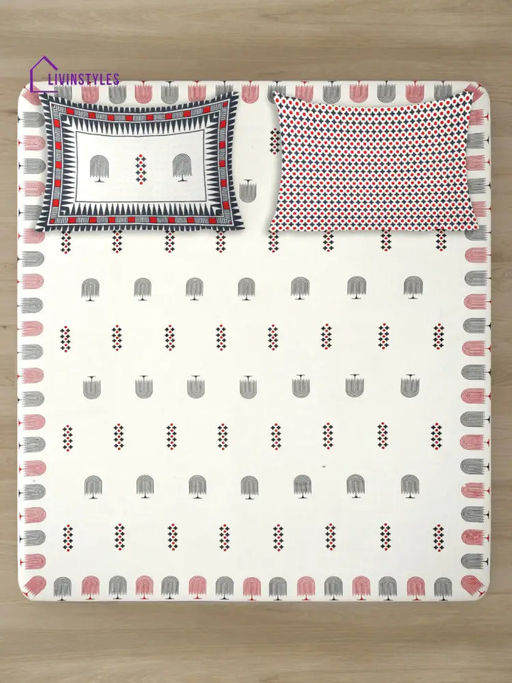 Off White Abstract Print Cotton Double Bed Sheet With 2 Pillow Covers