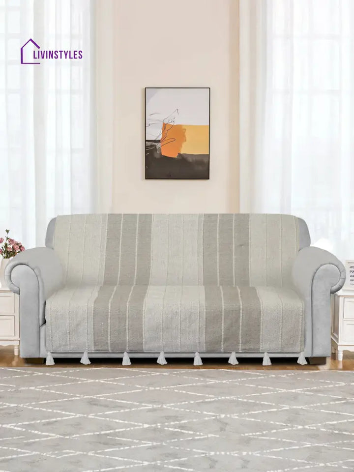Off White And Light Grey Stripe Hand Woven Cotton 2 Seater Sofa Cover Slip Cover Sofa