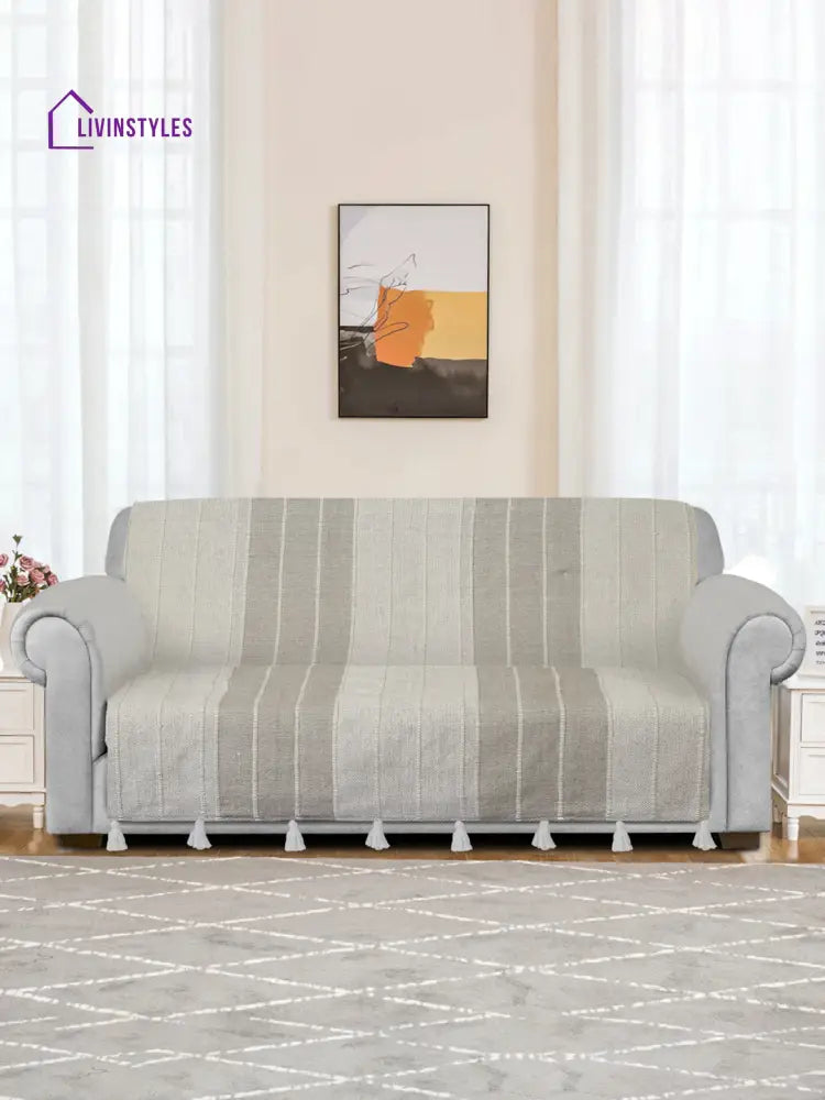 Off White And Light Grey Stripe Hand Woven Cotton 2 Seater Sofa Cover Slip Cover Sofa