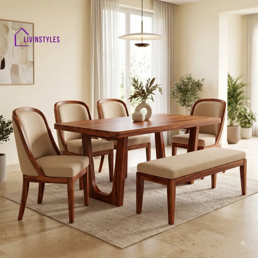 Ogechi Wooden 6 Seater Dining Table Set | 4 Chairs and 1 Bench | Table 72 X 36 X 30 Inch