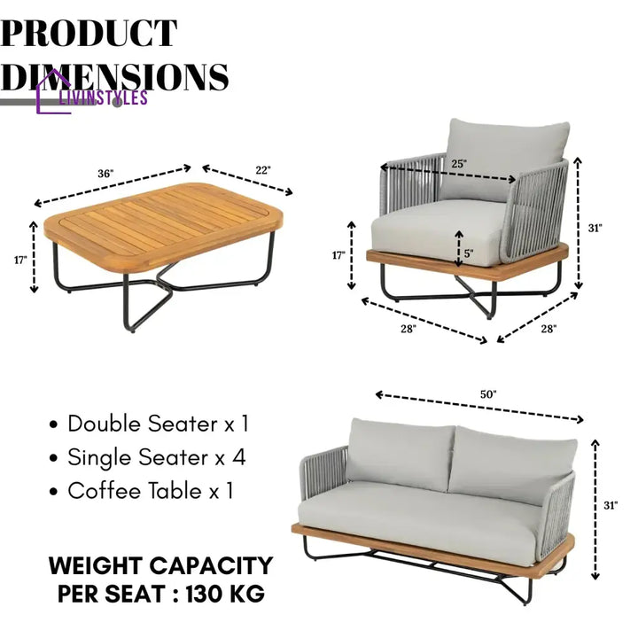 Oindrila Outdoor 6-Piece Rope Woven Conversation Sofa Set with Wooden Top Table - Sofa Set