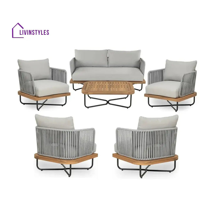 Oindrila Outdoor 6-Piece Rope Woven Conversation Sofa Set with Wooden Top Table - Sofa Set