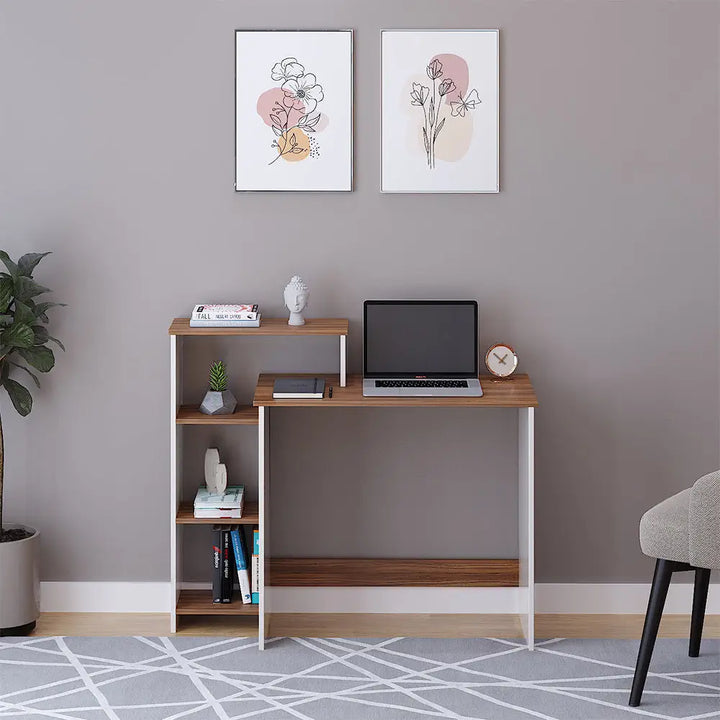 Ojasvi Engineered Wood Study Table with Storage – Exotic Teak & White Study Table Desk