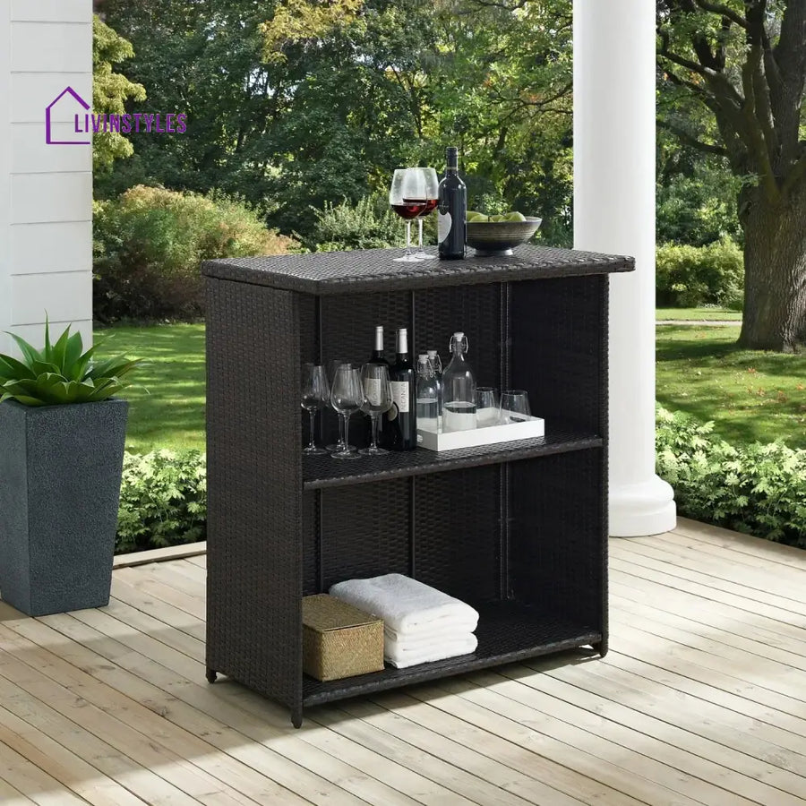 Olalla Outdoor Rattan Wicker Bar Table With Storage Selves - Bar Table