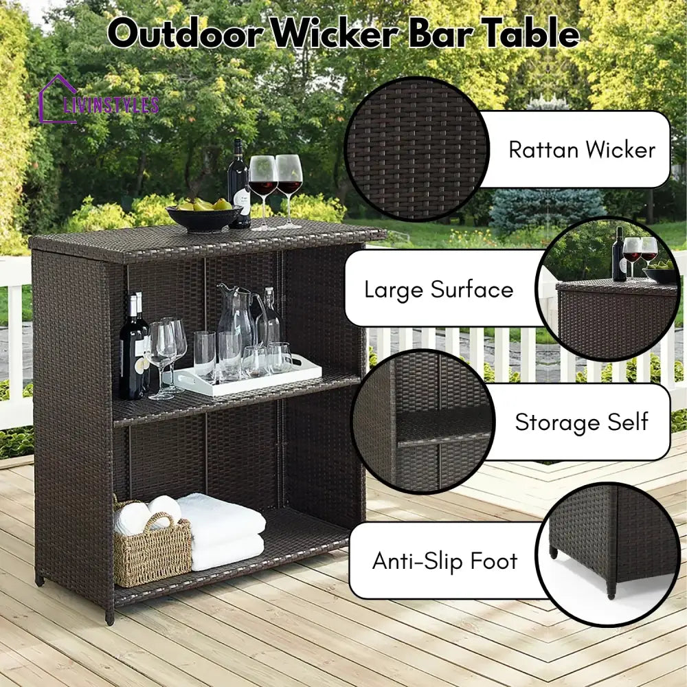 Olalla Outdoor Rattan Wicker Bar Table With Storage Selves - Bar Table