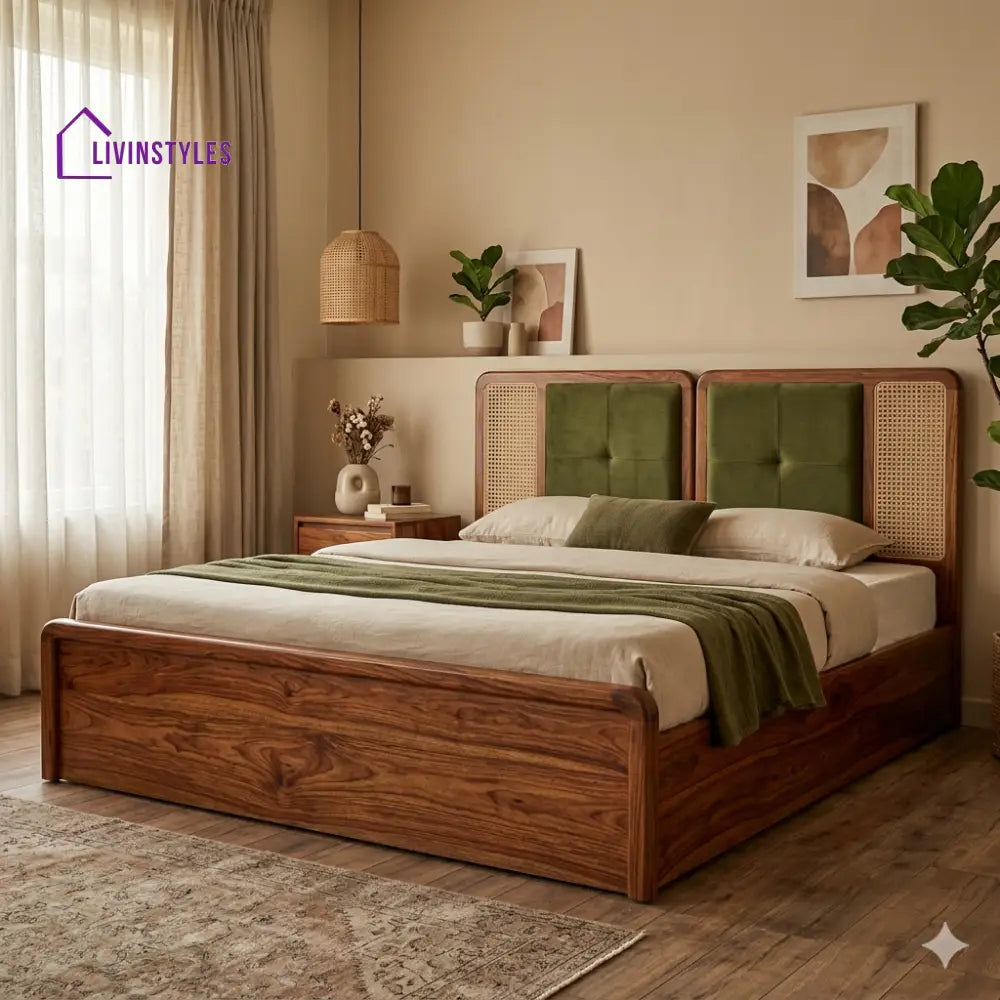 Oleg Premium Sheesham Wood Bed with Velvet Headboard
