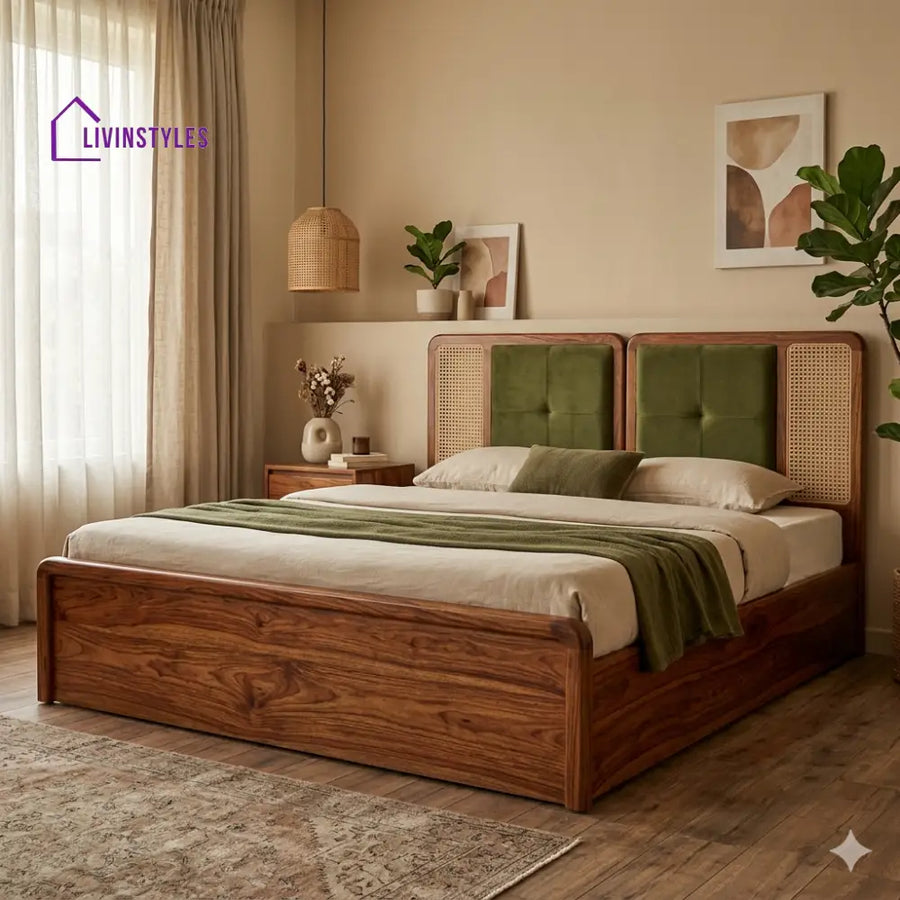 Oleg Premium Sheesham Wood Bed with Velvet Headboard