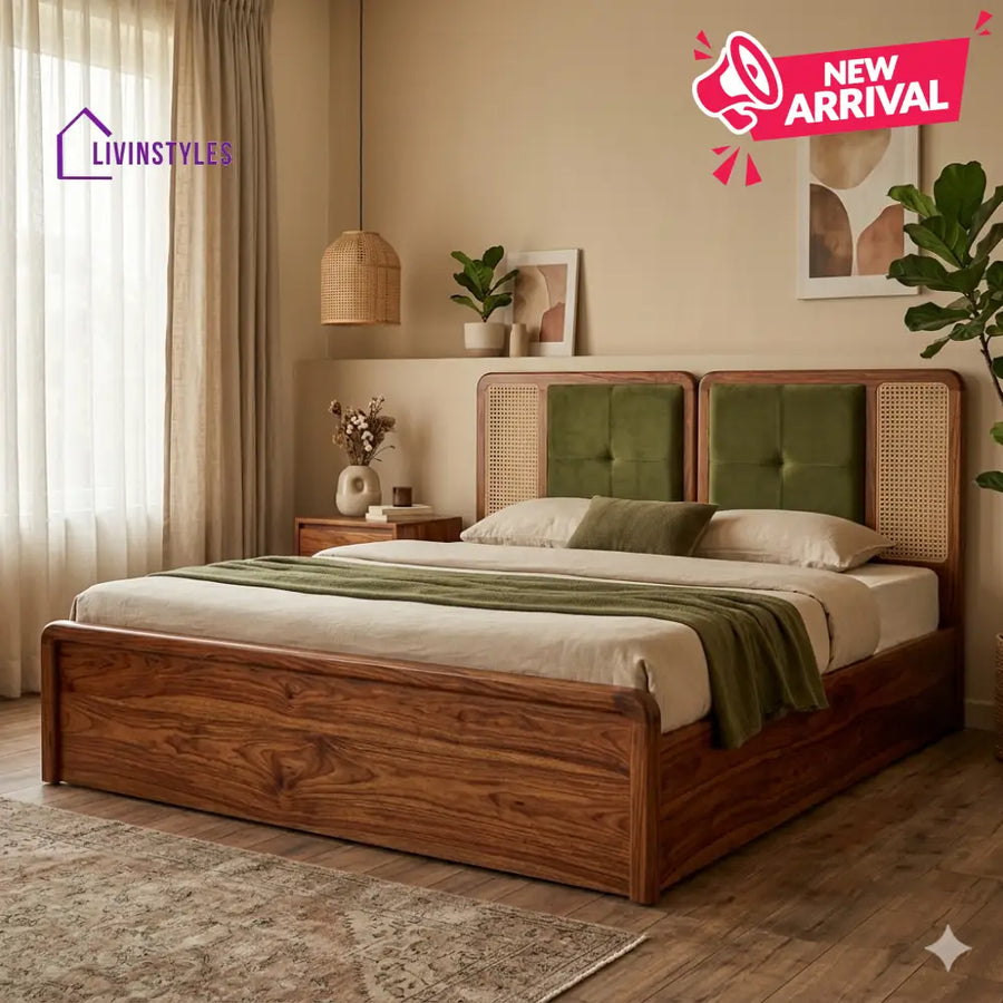 Oleg Premium Sheesham Wood Bed with Velvet Headboard