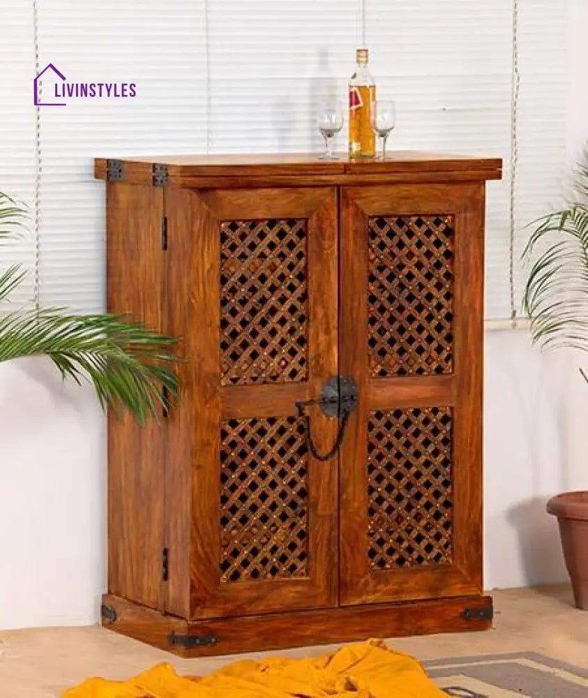 Oleh Solid Wood Bar Cabinet L 180 x D 50 x H 120 cm (Opened) L 90 x D 50 x H 123 cm (Compact) / Honey Bar