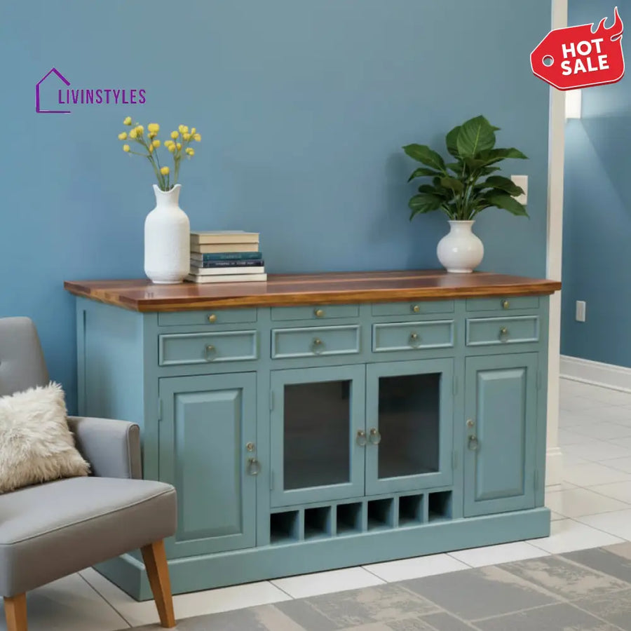 Olena Wooden Drink Bar Cabinet with Glass door (Teal Distress) simple