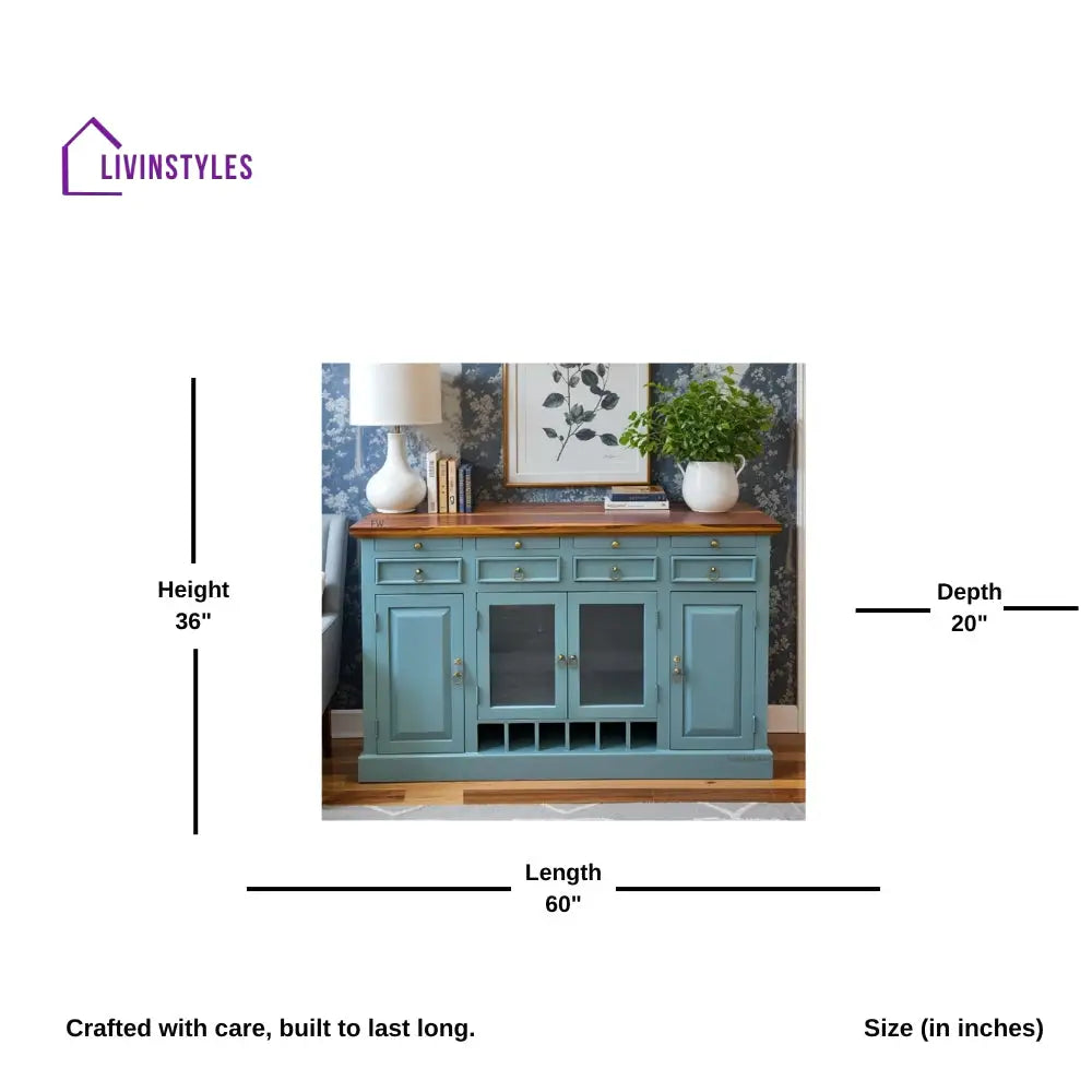 Olena Wooden Drink Bar Cabinet with Glass door (Teal Distress) simple