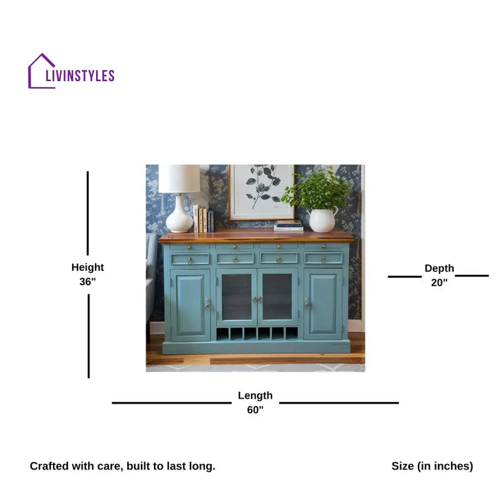 Olena Wooden Drink Bar Cabinet with Glass door (Teal Distress) simple