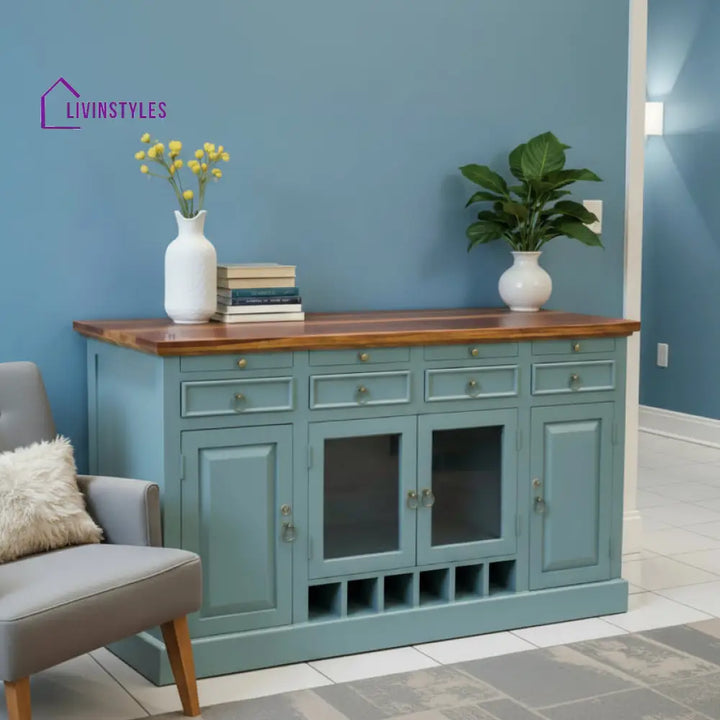 Olena Wooden Drink Bar Cabinet with Glass door (Teal Distress) simple