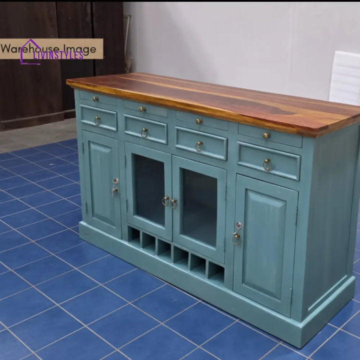 Olena Wooden Drink Bar Cabinet with Glass door (Teal Distress) simple
