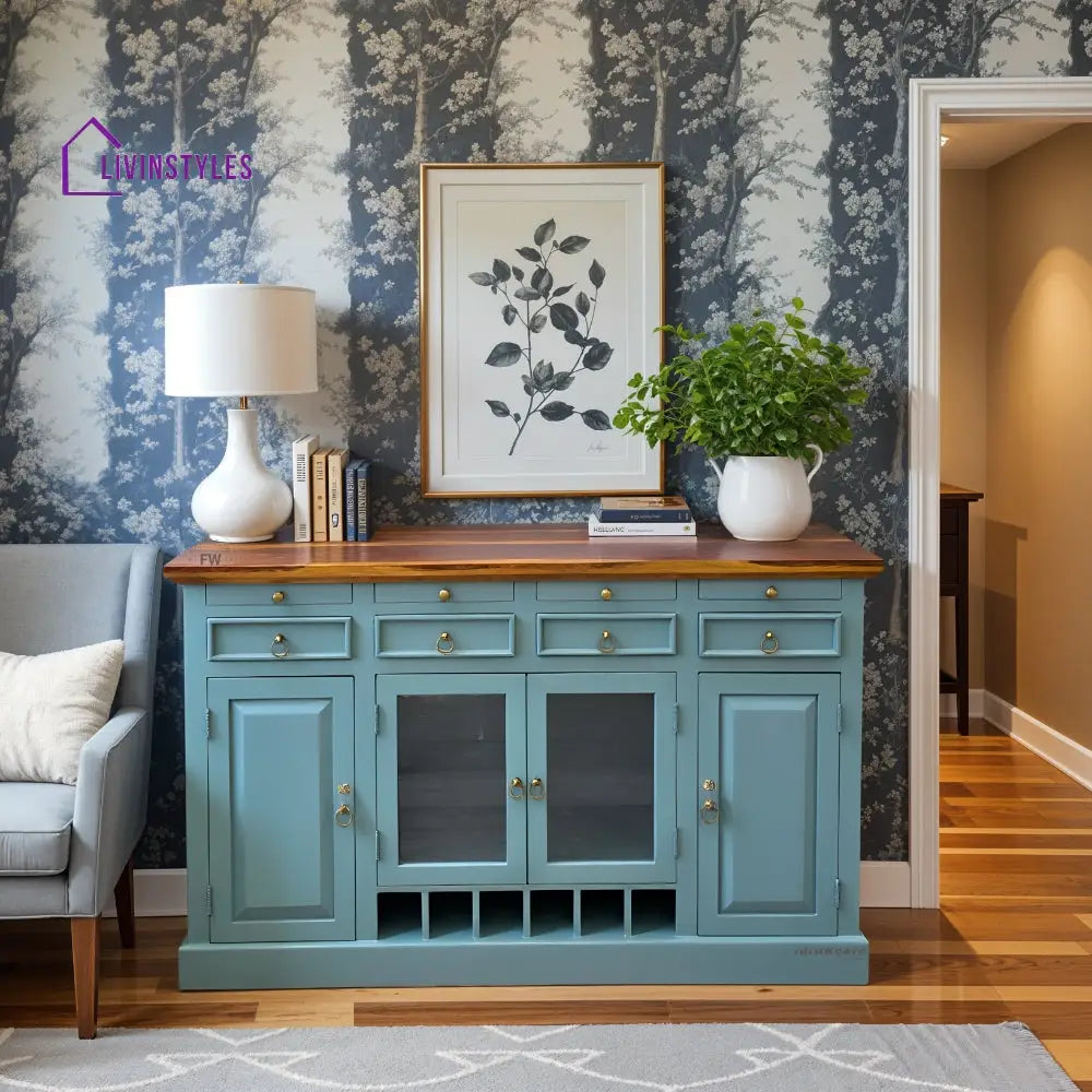 Olena Wooden Drink Bar Cabinet with Glass door (Teal Distress) simple