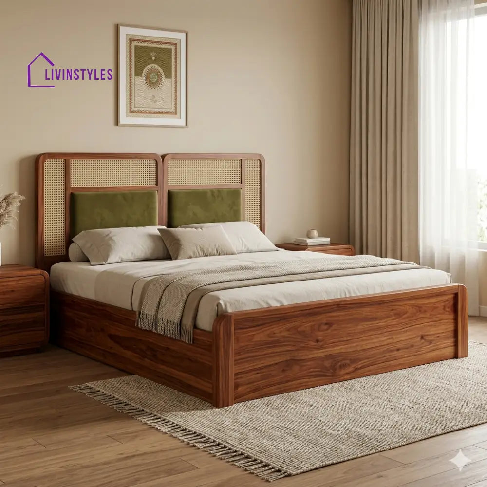 Olga Premium Sheesham Wood Bed with Velvet Headboard