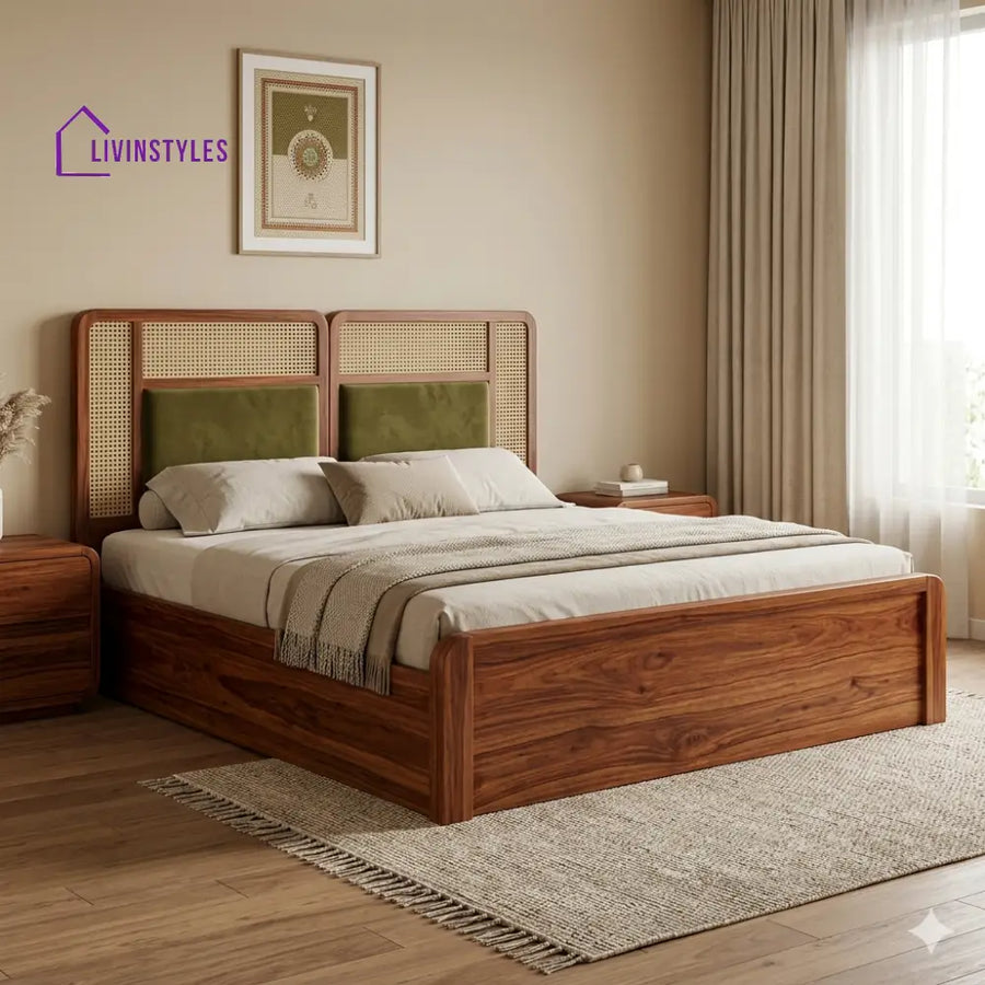 Olga Premium Sheesham Wood Bed with Velvet Headboard