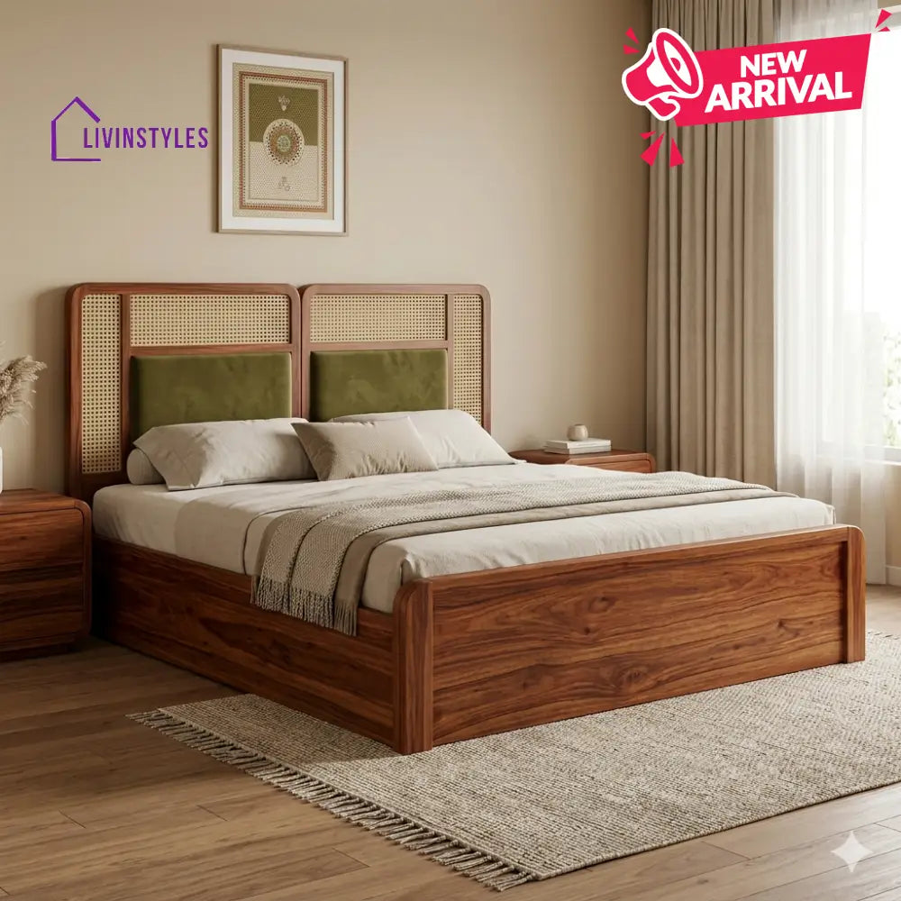 Olga Premium Sheesham Wood Bed with Velvet Headboard