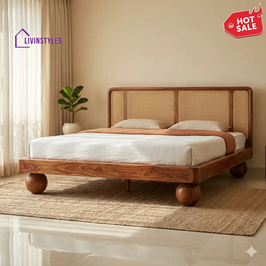 Olga Sheesham Wood Bed with Ball Shaped Legs and Cane Weaving Headboard