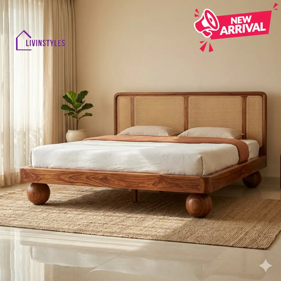 Olga Sheesham Wood Bed with Ball Shaped Legs and Cane Weaving Headboard