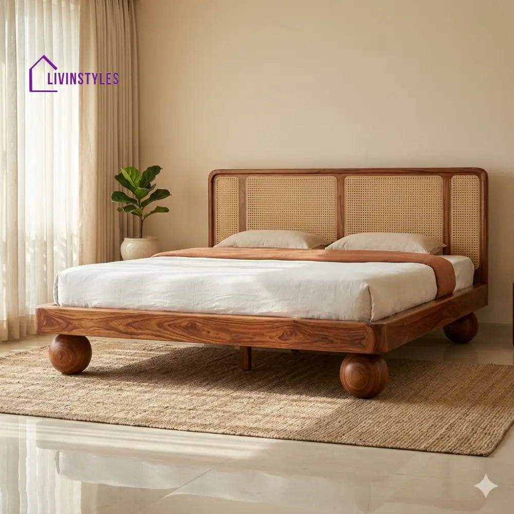 Olga Sheesham Wood Bed with Ball Shaped Legs and Cane Weaving Headboard