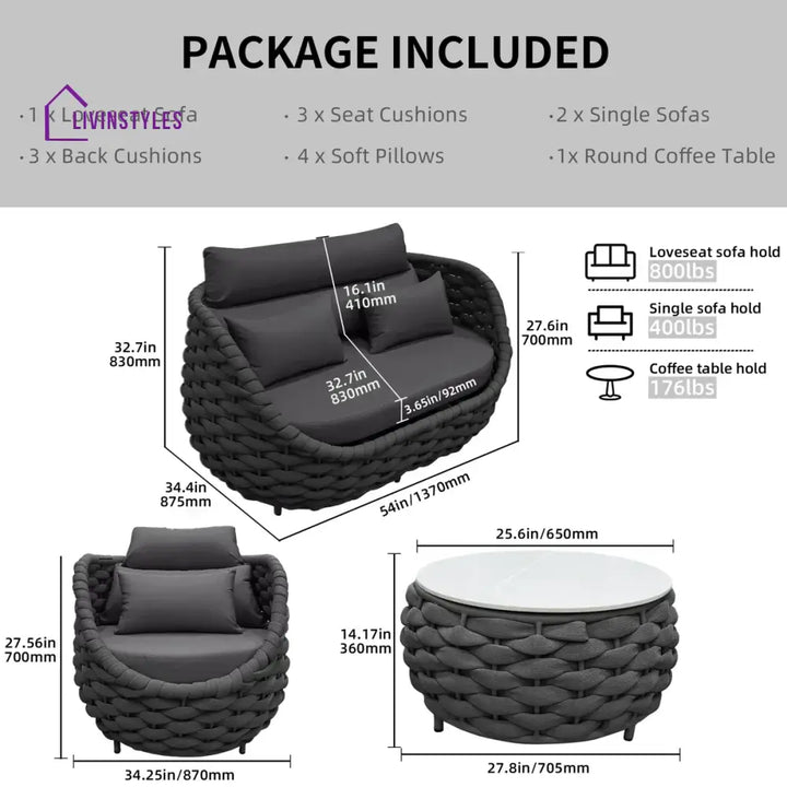 Oligon Outdoor Sofa Set 2 Seater 2 Single seater and 1 Center Table (Dark Gery) Braided & Rope - Sofa Sets