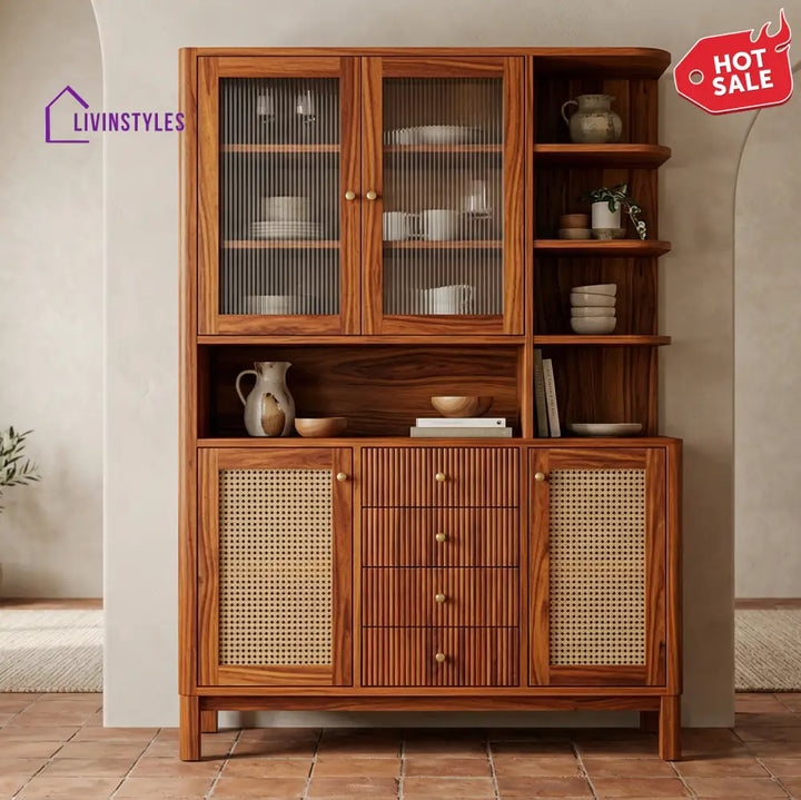 Oliver Classic Kitchen Cabinet with Glass Cane Weave (Honey Finish)