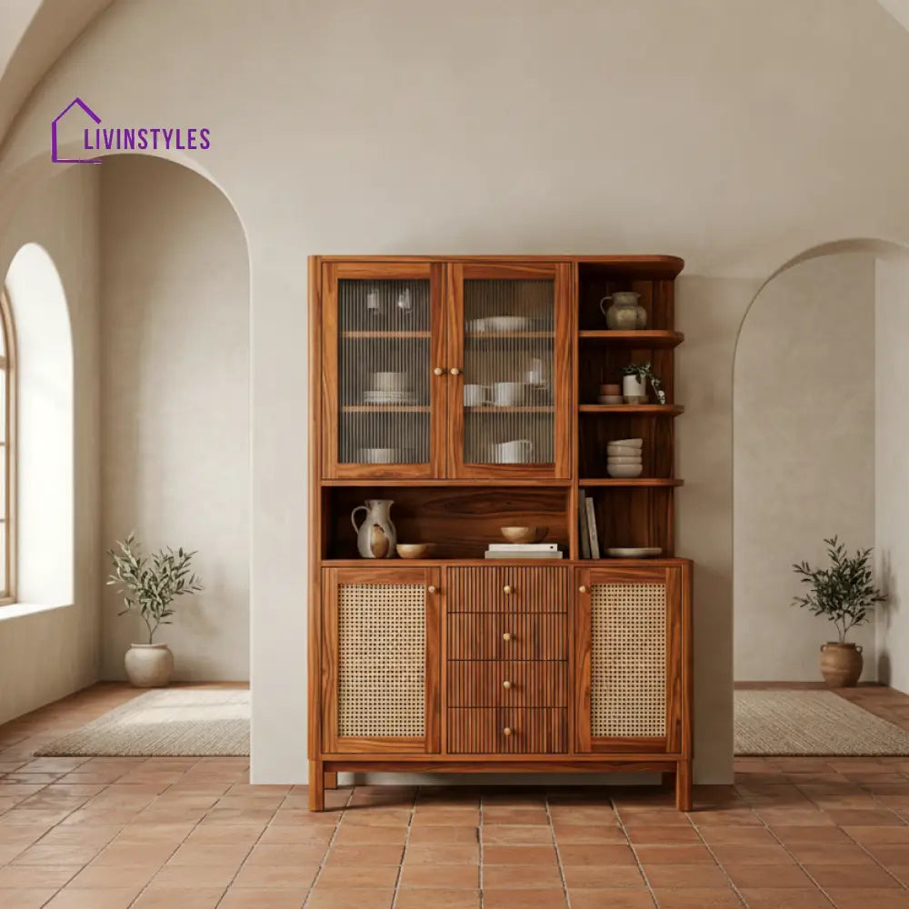 Oliver Classic Kitchen Cabinet with Glass Cane Weave (Honey Finish)