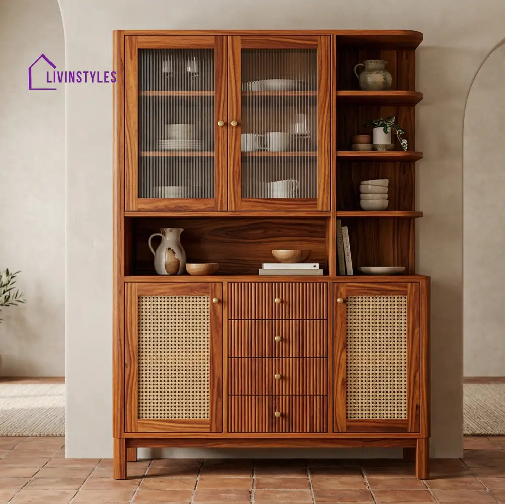 Oliver Classic Kitchen Cabinet with Glass Cane Weave (Honey Finish)