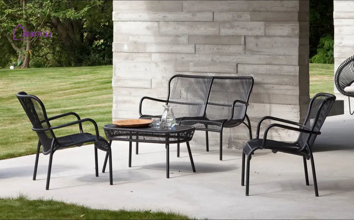Oliver Outdoor Sofa Set 2 Seater 2 Single seater and 1 Center Table Set (Black) Braided & Rope - Sofa Sets