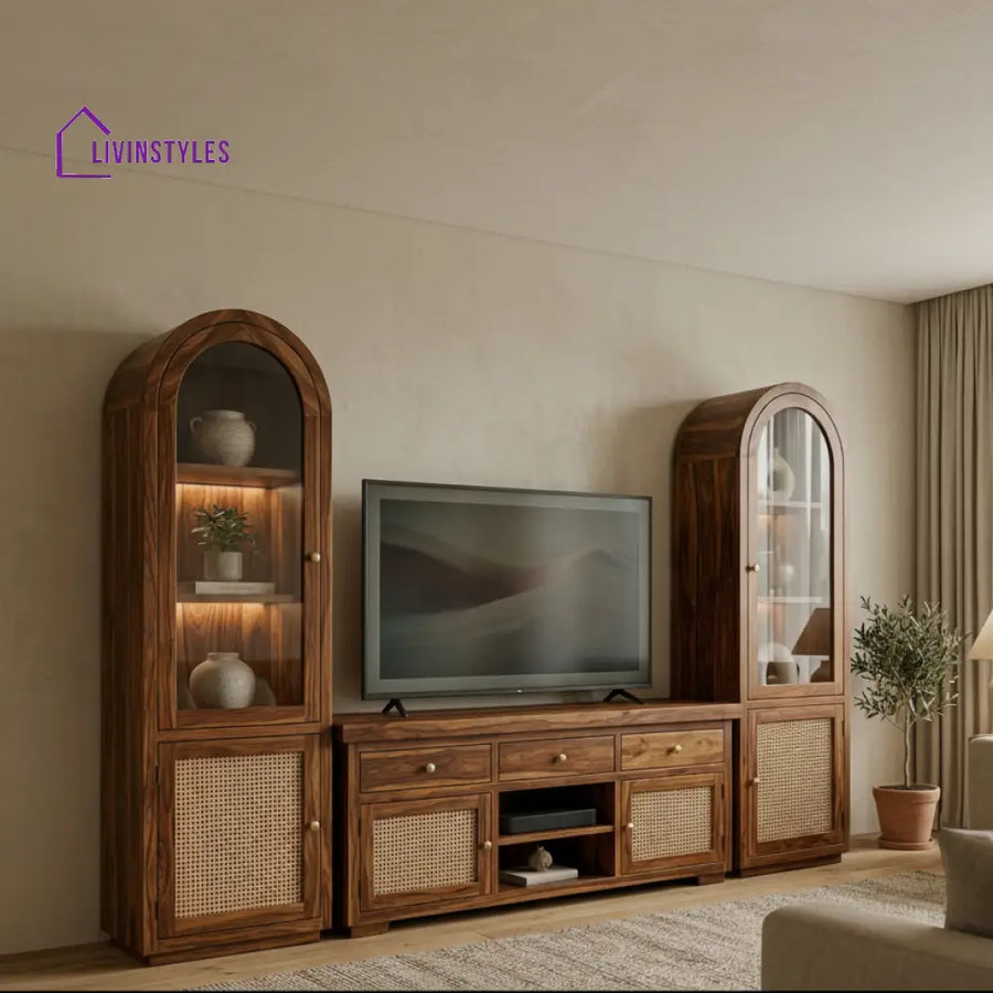 Oliver Premium Solid Wood TV Unit with Cane Panel Cabinet