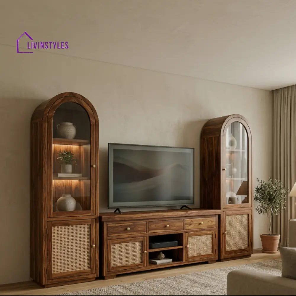 Oliver Premium Solid Wood TV Unit with Cane Panel Cabinet