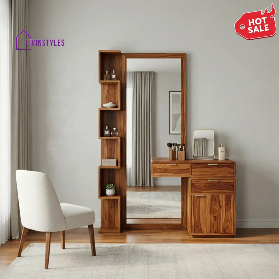 Oliver Sheesham Wood Dressing Table with Mirror and Storage (Honey Finish)