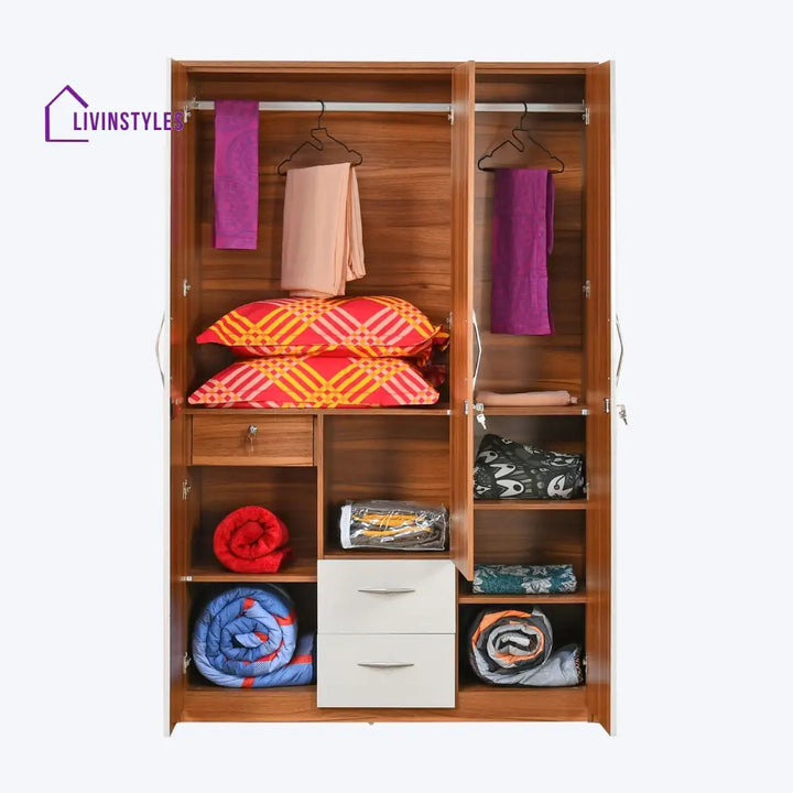Denis 3 Door Wardrobe with Mirror (Teak Finish) Home Furniture