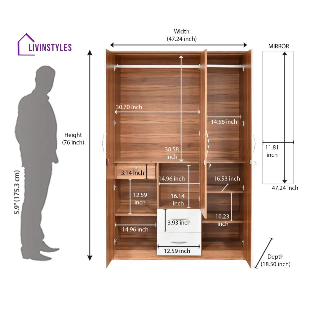 Denis 3 Door Wardrobe with Mirror (Teak Finish) Home Furniture