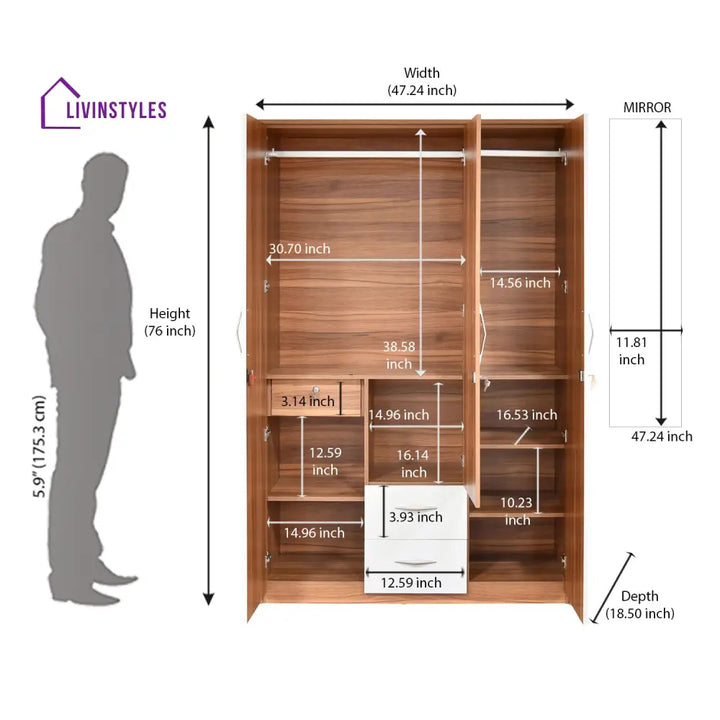 Denis 3 Door Wardrobe with Mirror (Teak Finish) Home Furniture
