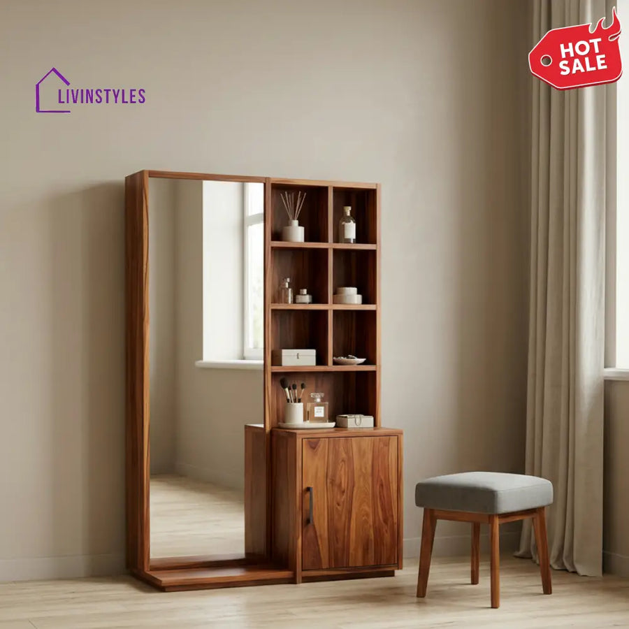Olivia Sheesham Wood Dressing Table with Mirror and Storage (Honey Finish)