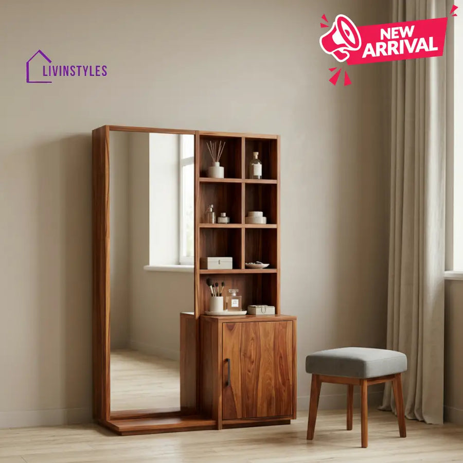 Olivia Sheesham Wood Dressing Table with Mirror and Storage (Honey Finish)
