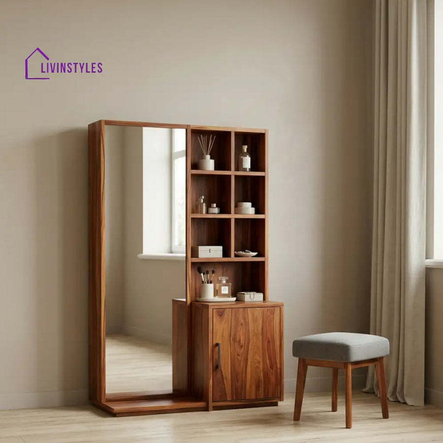 Olivia Sheesham Wood Dressing Table with Mirror and Storage (Honey Finish)