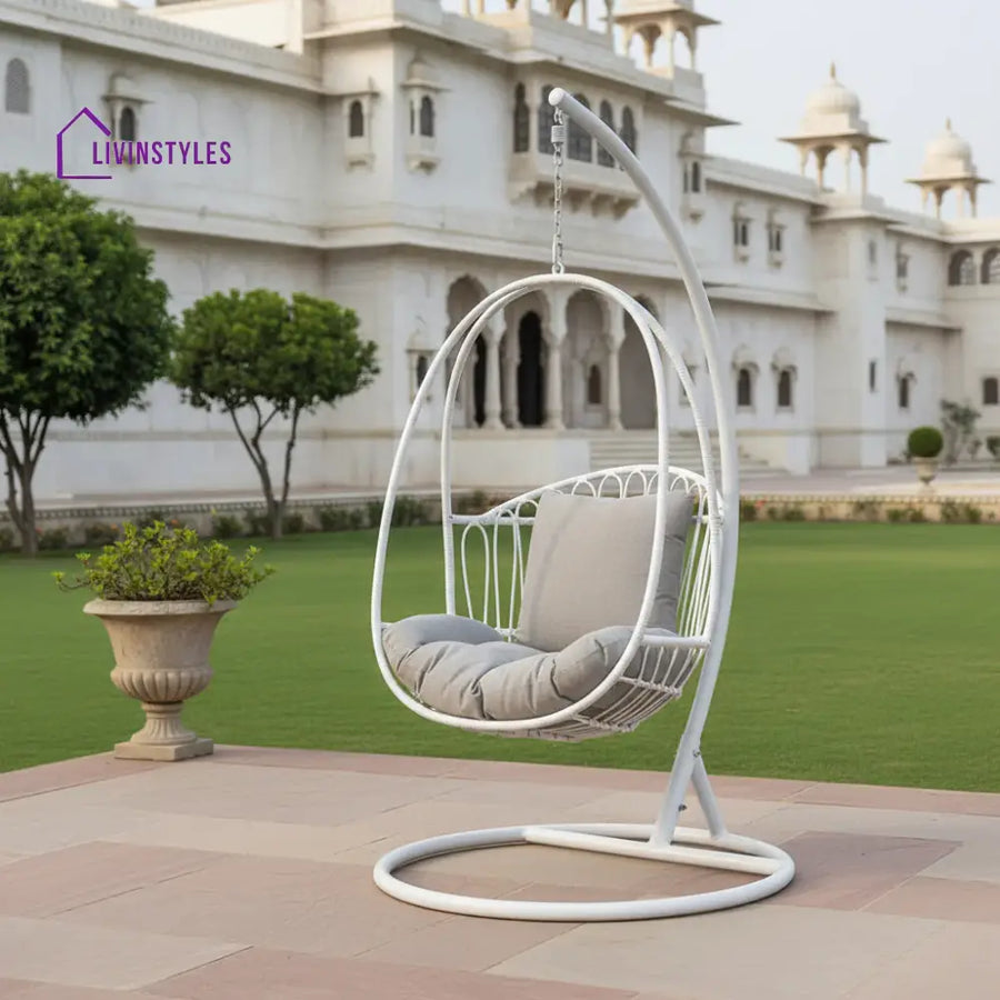 Olivia Single Seater Hanging Swing With Stand For Balcony Garden (White) Swings