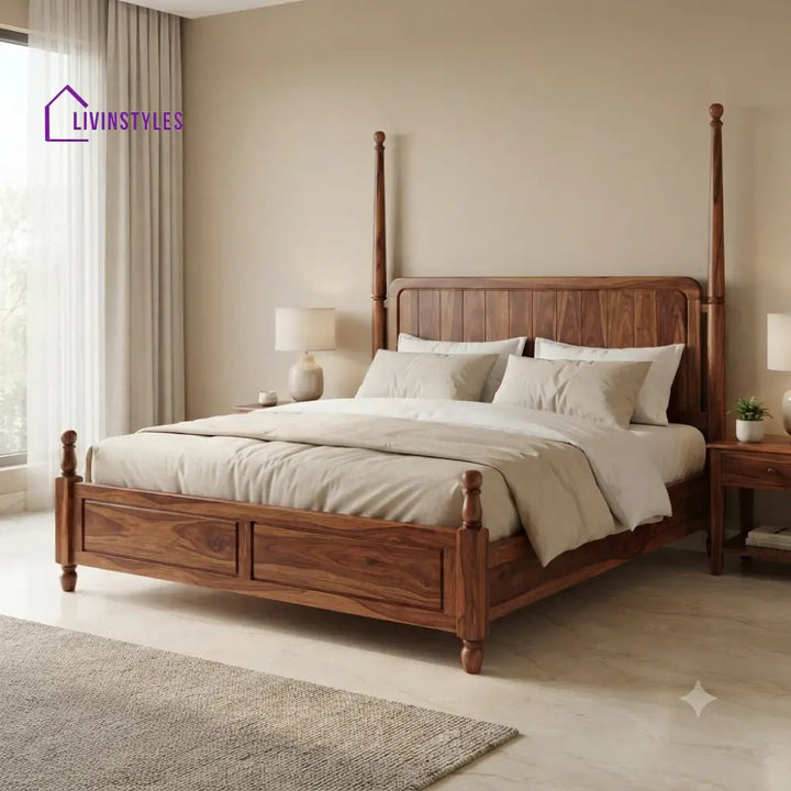 Olivia Solid Sheesham Wood Poster Bed Without Storage