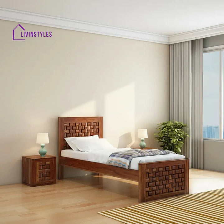 Olivia Solid Sheesham Wood Single Bed Without Storage (Natural Finish) Bed