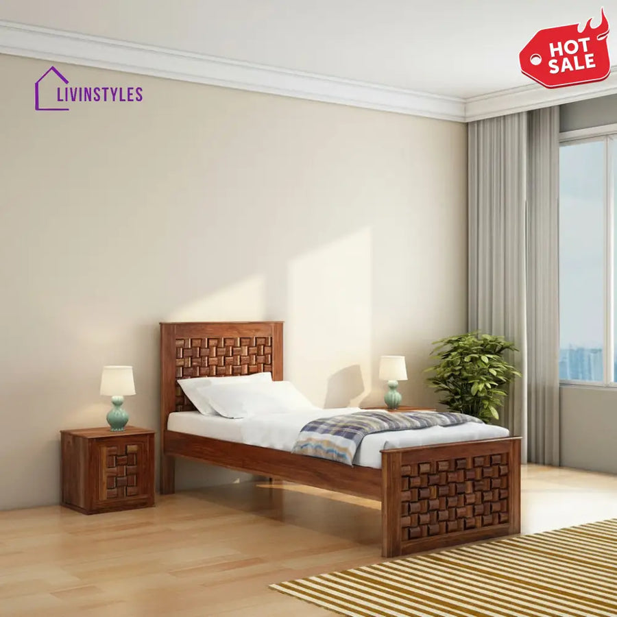 Olivia Solid Sheesham Wood Single Bed Without Storage (Natural Finish) Bed
