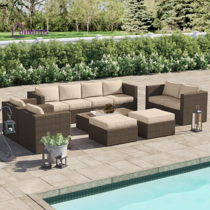 Olivier Outdoor Sofa Set 4 Seater,2 Seater 2 Single Seater and 2 Center Table with 2 Ottoman Set (Brown +Cream) - Sofa