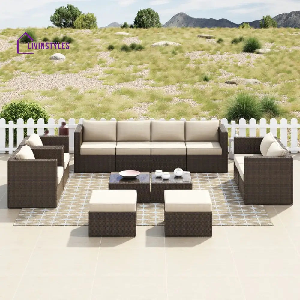 Olivier Outdoor Sofa Set 4 Seater,2 Seater 2 Single Seater and 2 Center Table with 2 Ottoman Set (Brown +Cream) - Sofa