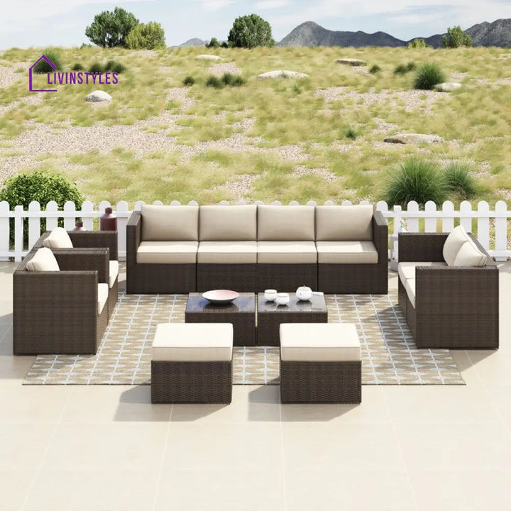Olivier Outdoor Sofa Set 4 Seater,2 Seater 2 Single Seater and 2 Center Table with 2 Ottoman Set (Brown +Cream) - Sofa