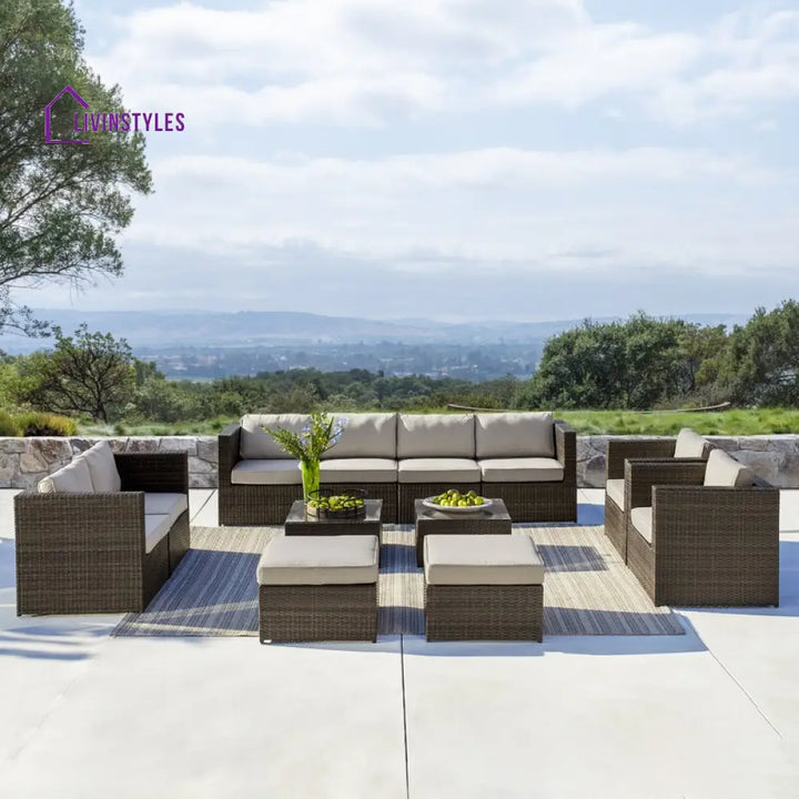 Olivier Outdoor Sofa Set 4 Seater,2 Seater 2 Single Seater and 2 Center Table with 2 Ottoman Set (Brown +Cream) - Sofa