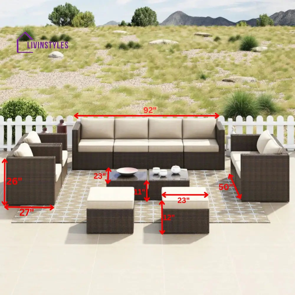Olivier Outdoor Sofa Set 4 Seater,2 Seater 2 Single Seater and 2 Center Table with 2 Ottoman Set (Brown +Cream) - Sofa